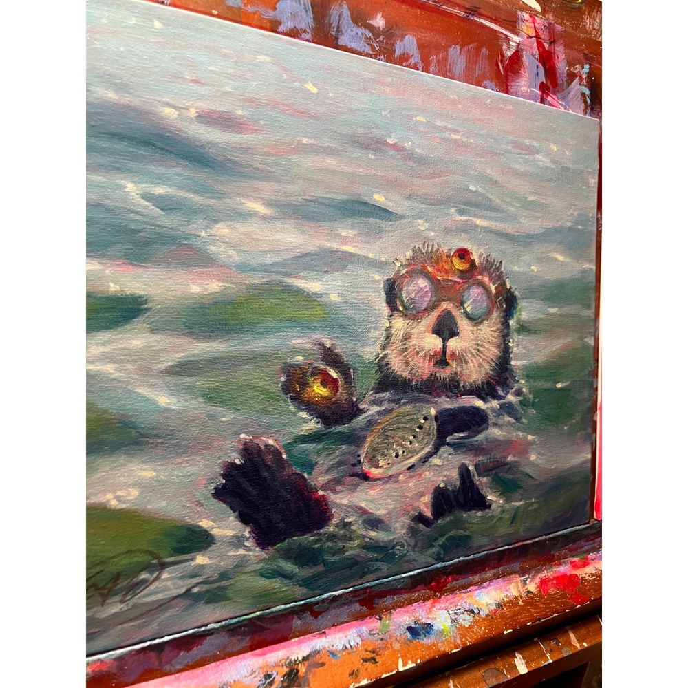 Artettina Otter in goggles Original Painting Sea Life surrealism wildlife USA - Picture 6 of 8